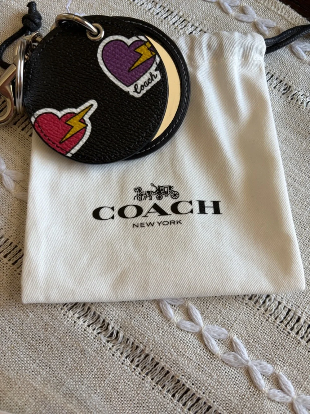 Coach Black Round Leather Keyring with Pink & Purple Hearts bag Charm - Picture 3 of 3